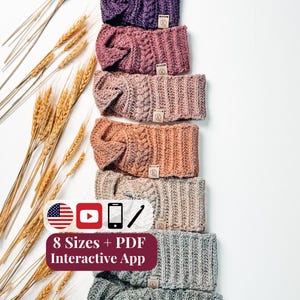 May include: A vertical stack of eight crocheted headbands in a gradient of colors ranging from dark purple to light gray. Each headband features a twisted front, a ribbed texture, and a small rectangular brand tag. Text reads 8 Sizes + PDF Interactive App.