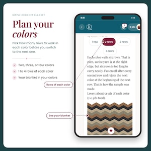 May include: A digital interface for a ripple crochet blanket pattern planning tool. The screen displays text instructions, row count selection buttons, and a preview of a chevron-patterned blanket in brown, tan, and black yarn colours.
