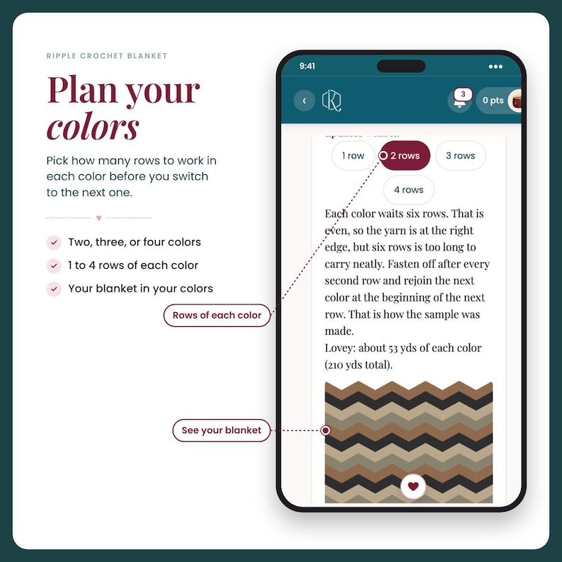 May include: A digital interface for a ripple crochet blanket pattern planning tool. The screen displays text instructions, row count selection buttons, and a preview of a chevron-patterned blanket in brown, tan, and black yarn colours.