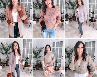 May include: A collage of six images featuring various knitwear garments including long cardigans, open-knit sweaters, and cropped cardigans in shades of beige, mauve, and brown, paired with white tops, denim jeans, and a leopard print skirt.