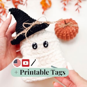 CROCHET PATTERN + VIDEO Wheat Stitch Ghost Crochet Pattern for Halloween Decor Amigurumi Plushie, Wheat Stitch Softie Spooky Cute Home Decor