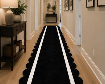 Black Scalloped Border Hand Tufted Wool Rug | Modern Luxury Area Rug | Living Room Carpet | Handmade NZ Wool