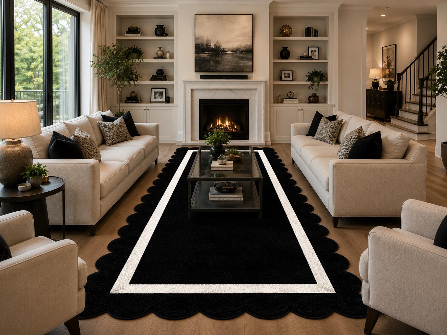 Hand Tufted Scalloped Wave Rug, Black Cream Area Rug, Ivory Border Wool Carpet, Modern Minimalist Rug, Custom Handmade Rug