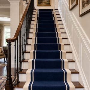 Könnte beinhalten: Eine gerade Treppe mit dunklen Holzstufen und weißen Setzstufen, belegt mit einem marineblauen Teppichläufer mit cremefarbenen Rändern. Die Treppe verfügt über einen dunklen Holzhandlauf auf schwarzen Metallgeländern und gerahmte Wandbilder.