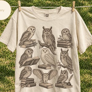 Vintage Owls on Books T-Shirt | Illustrated Owl Stack Tee