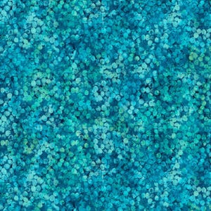 May include: A fabric pattern featuring a dense, repeating arrangement of small, circular shapes in varying shades of teal, turquoise, and deep blue. The design creates a textured, dappled effect with light and dark colour gradients throughout.