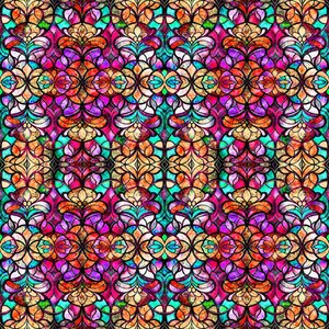 May include: A repeating pattern featuring a stained glass aesthetic with intricate floral and geometric shapes. The design displays a vibrant colour palette of magenta, teal, orange, purple, and gold, separated by dark, bold outlines throughout.