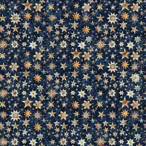 May include: A dark navy blue fabric featuring a dense, repeating pattern of multi-pointed stars in shades of gold, cream, and pale yellow. The stars vary in size and design, with some appearing as simple shapes and others as intricate, glowing celestial motifs.
