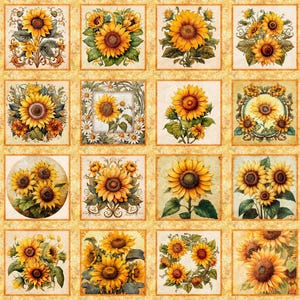 May include: A fabric panel featuring a grid of sixteen square blocks, each displaying unique sunflower illustrations in shades of yellow, orange, and green. The design includes a decorative border of small sunflowers on a golden yellow background.
