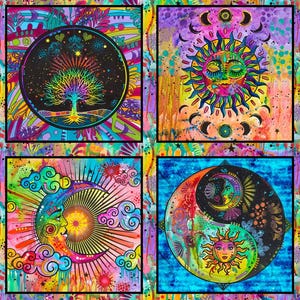 May include: A fabric panel featuring four distinct square illustrations with vibrant, multi-coloured patterns. The designs include a rainbow tree, a sun with moon phases, a crescent moon with clouds, and a sun and moon yin-yang symbol.