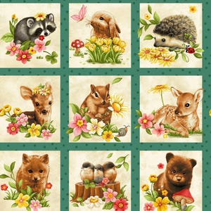 May include: A fabric panel featuring a grid of nine square illustrations of woodland animals including a raccoon, rabbit, hedgehog, deer, chipmunk, fox, birds, and bear cub, all surrounded by colourful flowers on a dark green polka dot background.
