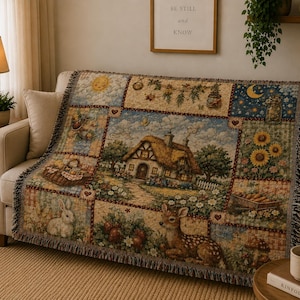 Cottage Mosaic Patchwork Sunflower Moon Panels Woven Blanket | Cottagecore