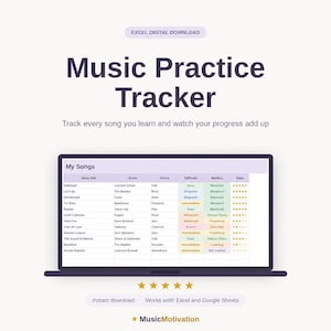 May include: A digital music practice tracker displayed on a laptop screen. The screen shows a spreadsheet with song titles, artists, genres, difficulty levels, and mastery progress. The text "Music Practice Tracker" is prominently displayed.