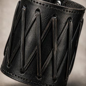 May include: A black leather cuff bracelet with a woven design. The wide bracelet features a series of vertical and diagonal straps that create a textured pattern. The edges are stitched, and a metal clasp secures the bracelet.