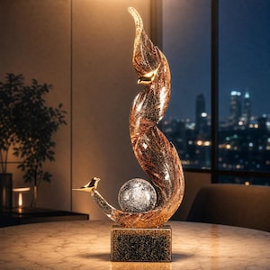 May include: A decorative sculpture featuring a tall, swirling amber and clear glass flame-like structure rising from a rectangular base. Two small, smooth gold-toned bird figures are perched on the glass, which also cradles a textured silver sphere.