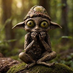 May include: A whimsical, seated goblin statue with large, expressive green eyes and a mischievous grin. The goblin is brown with a textured surface, wearing a patterned hat. It sits on a mossy surface, with a blurred forest background.