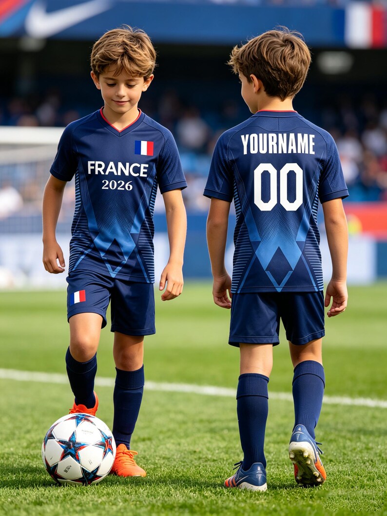 K&ouml;nnte beinhalten: Ein dunkelblaues Fu&szlig;balltrikot-Set bestehend aus Trikot und Shorts mit geometrischem Muster. Auf der Vorderseite steht FRANCE 2026 und eine franz&ouml;sische Flagge. Auf der R&uuml;ckseite ist der Text YOURNAME und die Nummer 00 in Wei&szlig; zu sehen.