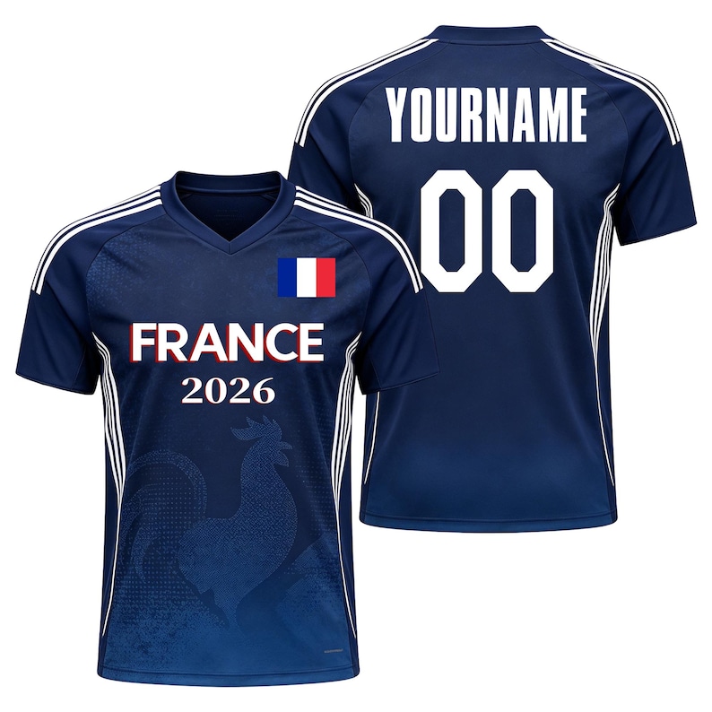 K&ouml;nnte beinhalten: Ein dunkelblaues Kurzarmtrikot mit V-Ausschnitt, wei&szlig;en Streifen an den Schultern und einer franz&ouml;sischen Flagge. Die Vorderseite zeigt den Text FRANCE 2026 mit einem Hahn-Motiv. Die R&uuml;ckseite zeigt den Text YOURNAME und die Nummer 00 in Wei&szlig;.
