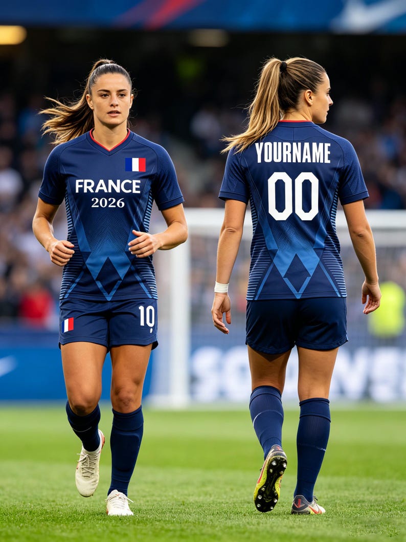 K&ouml;nnte beinhalten: Ein dunkelblaues Fu&szlig;balltrikot mit passender Hose. Auf der Brust steht FRANCE 2026 mit einer franz&ouml;sischen Flagge, w&auml;hrend auf der R&uuml;ckseite der Schriftzug YOURNAME &uuml;ber der Nummer 00 zu sehen ist. Die Hose zeigt die Nummer 10 und eine Flagge.