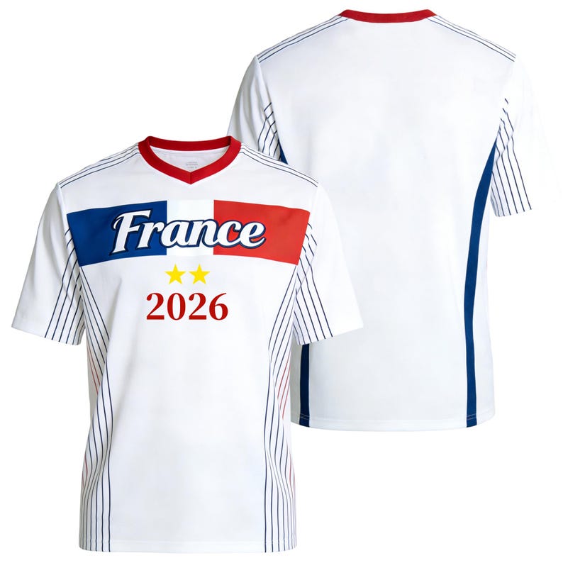 Op de afbeelding: Een wit T-shirt met korte mouwen, een rode V-hals en blauwe en rode zijpanelen met dunne verticale strepen. Op de borst staat een blauwe, witte en rode horizontale band met het woord France, twee gele sterren en het jaartal 2026.