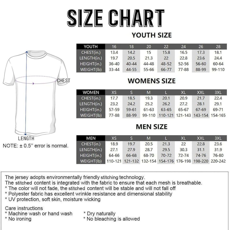 K&ouml;nnte beinhalten: Eine Gr&ouml;&szlig;entabelle f&uuml;r T-Shirts mit einer Strichzeichnung eines T-Shirts, die Brust- und L&auml;ngenma&szlig;e zeigt. Sie enth&auml;lt Tabellen f&uuml;r Jugendliche, Frauen und M&auml;nner mit Brustumfang, L&auml;nge, K&ouml;rpergr&ouml;&szlig;e und Gewicht in Zoll und Pfund.