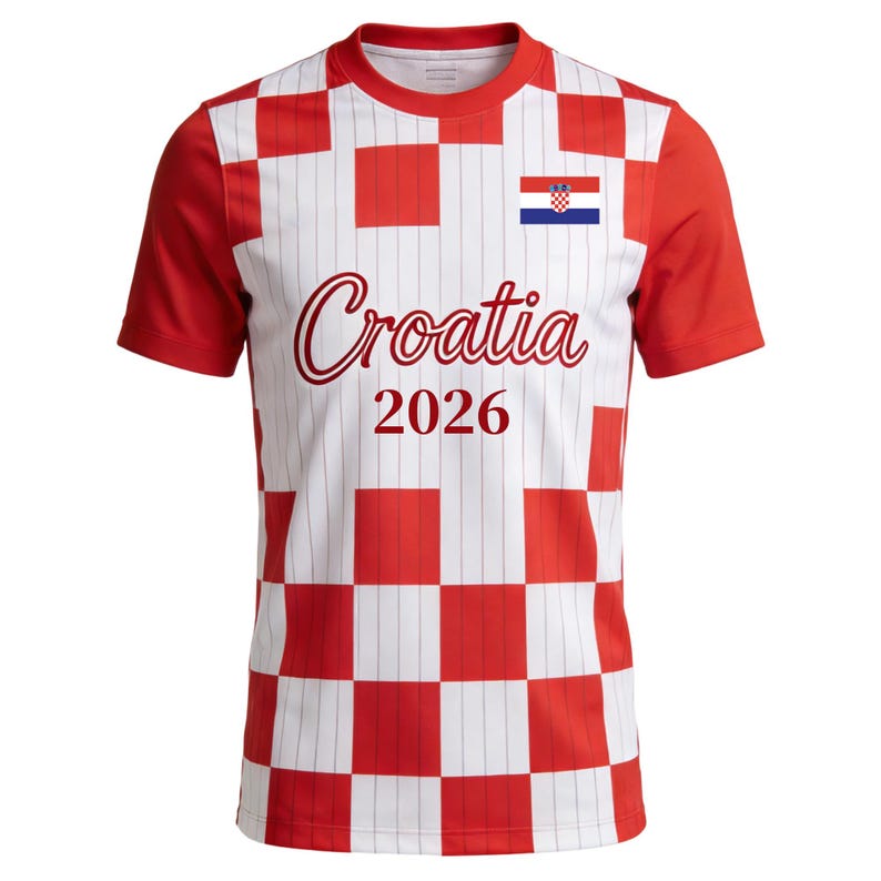 May include: A short-sleeved crew neck t-shirt featuring a red and white checkered pattern with thin vertical pinstripes. The front displays the text Croatia in a cursive font above the year 2026 and a small Croatian flag emblem on the chest.