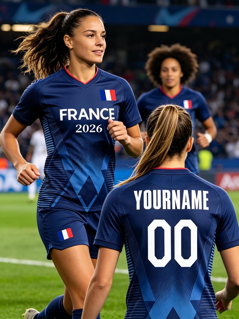 K&ouml;nnte beinhalten: Ein dunkelblaues Fu&szlig;balltrikot mit der Aufschrift FRANCE 2026 auf der Vorderseite und dem Text YOURNAME mit der Nummer 00 auf der R&uuml;ckseite. Das Trikot zeigt ein kleines franz&ouml;sisches Flaggensymbol auf der Brust und Hose sowie einen V-Ausschnitt.