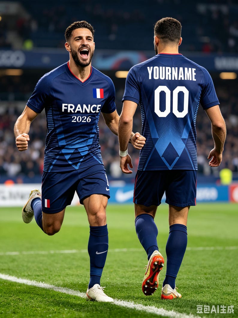 K&ouml;nnte beinhalten: Ein dunkelblaues Fu&szlig;balltrikot und Shorts mit der Aufschrift FRANCE 2026 auf der Vorderseite, einer kleinen franz&ouml;sischen Flagge sowie der Aufschrift YOURNAME mit der Nummer 00 auf der R&uuml;ckseite. Das Set umfasst passende Socken und Fu&szlig;ballschuhe.