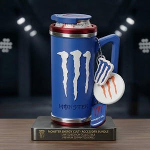 K&ouml;nnte beinhalten: Ein blauer zylindrischer Dosenhalter mit wei&szlig;em Monster Energy Logo und Schriftzug. Er verf&uuml;gt &uuml;ber einen Griff, einen roten Rand und drei h&auml;ngende Anh&auml;nger. Die Basis ist eine rechteckige Plakette mit der Aufschrift Monster Energy Cult.