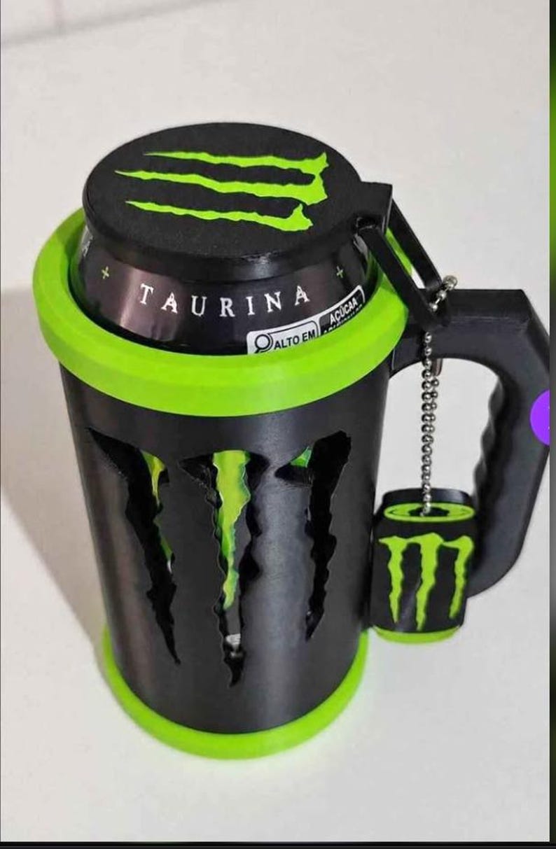 Energy Drink Zubehör Kit | Dosenhalter, Schlüsselanhänger & Dosenöffner | 3D gedrucktes Geschenk Set Schwarz