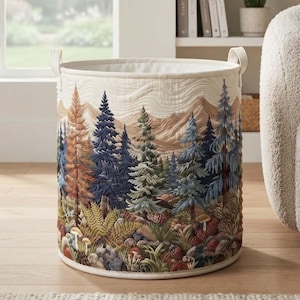 Forest Retreat Quilted Laundry Basket: Wilderness Pine Tree Hamper, Woodland Storage Bin