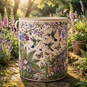 Puede incluir: Una cesta de almacenamiento cilíndrica de tela con textura acolchada y un estampado detallado de colibríes, mariposas y libélulas en un jardín con senderos de piedra, helechos y varias flores coloridas en tonos rosa y morado.