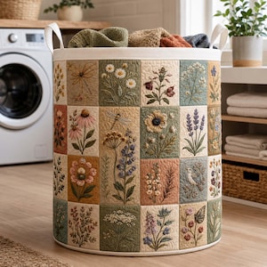 May include: A cylindrical laundry hamper featuring a quilted patchwork design with embroidered botanical illustrations of wildflowers, dragonflies, and a bird. The fabric panels display muted earth tones including sage green, tan, and terracotta.