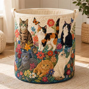 Puede incluir: Un cesto de ropa cilíndrico de tela con un exterior acolchado que presenta una colorida escena de jardín. El diseño incluye seis gatos de diversas razas y colores rodeados de flores vibrantes, follaje verde y una pequeña mariposa naranja.