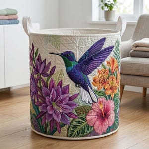 Hummingbird Quilted Tvättkorg: Blommig Kolibriförvaringslåda, Gåva för fågelälskare