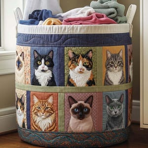 Katter Patchwork Quilted Tvättkorg: Färgglad Kattunge Collage Tygkorg, Present till Husdjursmamma