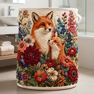 Puede incluir: Un cesto de ropa cilíndrico con una superficie texturizada tipo acolchado, que presenta una ilustración detallada de dos zorros naranjas rodeados por una vibrante variedad de flores coloridas, incluyendo grandes dalias rojas y dedaleras rosas.