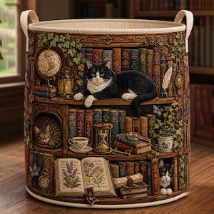 May include: A cylindrical fabric storage basket with two top handles, featuring a detailed print of a multi-level wooden bookshelf filled with antique books, a globe, an hourglass, a teacup, and three cats resting among the shelves and foliage.