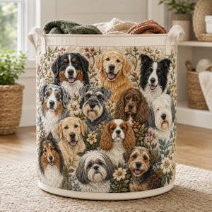 Pode incluir: Um cesto de armazenamento cilíndrico de tecido com um design de tapeçaria acolchoado de várias raças de cães, incluindo um boiadeiro bernês, golden retriever e border collie entre motivos florais, com duas alças laterais e uma borda creme.