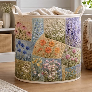 Könnte beinhalten: Ein runder Wäschekorb aus Stoff mit gestepptem Patchwork-Design und gestickten Blumenmustern in Rosa, Blau, Orange, Weiß und Violett. Der Korb hat zwei stabile Stoffgriffe und enthält ein gefaltetes, cremefarbenes Textil.