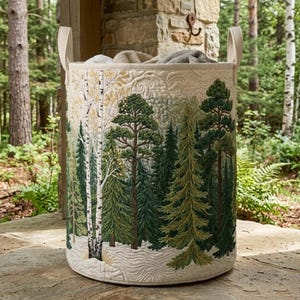 May include: A cylindrical fabric storage basket featuring a quilted exterior with an embroidered forest scene. The design displays white birch trees and various evergreen pine trees against a cream-colored background with two fabric handles.