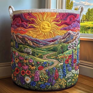 May include: A cylindrical fabric storage basket featuring a vibrant quilted landscape scene. The design displays a bright yellow sun over purple and orange mountains, with a winding path through a field of colorful wildflowers and green hills.
