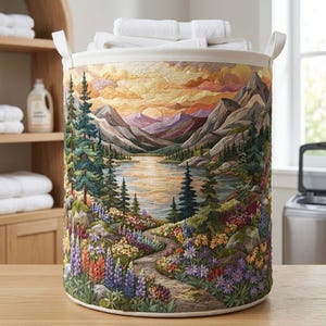 May include: A cylindrical laundry hamper featuring a detailed embroidered landscape scene of a mountain lake at sunset, surrounded by evergreen trees, a winding stone path, and colorful wildflowers. The hamper has white fabric handles and trim.