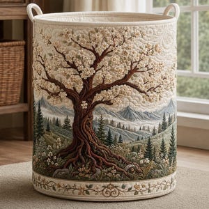 May include: A cylindrical fabric laundry hamper featuring a quilted texture and an embroidered landscape scene. The design depicts a large tree with cream-coloured blossoms, a forest of pine trees, and distant mountains in shades of blue and green.