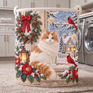 Op de afbeelding: Een cilindrische wasmand met een bedrukte winterscène met een pluizige oranje en witte kat op besneeuwde treden, een rode krans, twee rode kardinalen, een brandende lantaarn en een besneeuwd huis met sterren als decoratie.