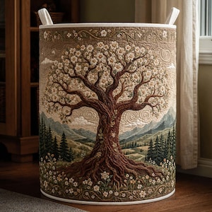 May include: A cylindrical fabric storage basket featuring a quilted landscape design. The exterior displays a large central tree with white blossoms, surrounded by green pine forests, rolling hills, and mountains under a swirling sky.