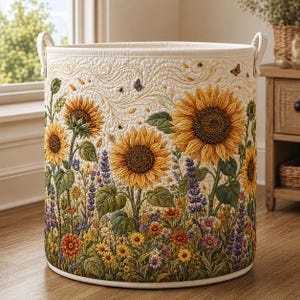 May include: A cylindrical fabric laundry basket featuring a quilted cream-coloured exterior decorated with a vibrant print of large yellow sunflowers, purple lavender, and various small wildflowers. The design includes small butterflies and bees.