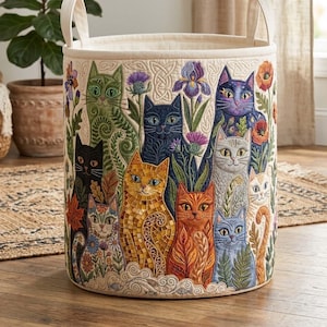 Boho Floral Cat Quilted Laundry Basket: Bohemian Cat Storage Bin, Cat Lover Gift
