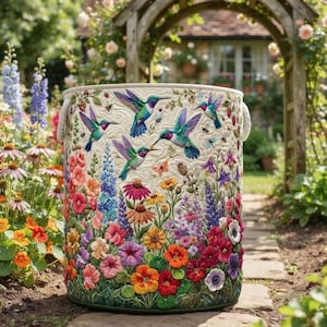 Puede incluir: Un cesto de ropa cilíndrico de tela con textura acolchada y una escena de jardín. El diseño muestra varios colibríes en vuelo rodeados por un denso arreglo de flores en tonos rosa, naranja, morado y amarillo sobre un fondo de color crema.