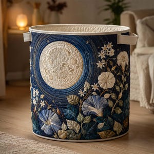 May include: A cylindrical fabric storage basket featuring a quilted dark blue exterior with a large cream-colored moon and white and blue morning glory flowers. The basket has two cream-colored fabric handles and a cream-colored interior lining.